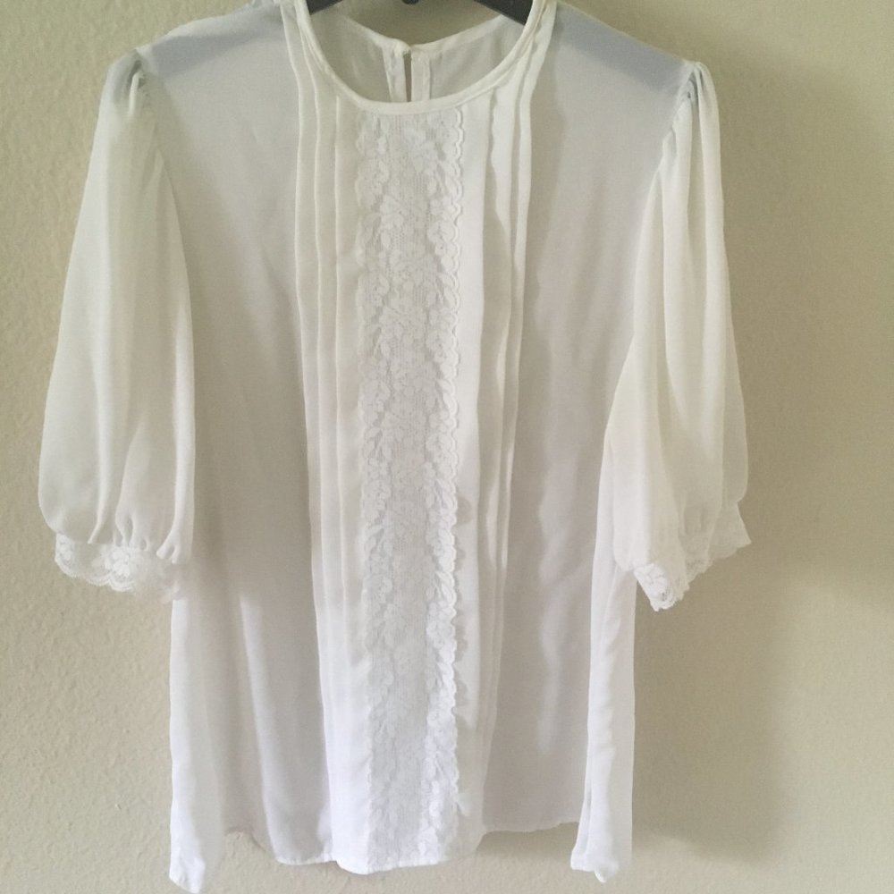 Ellen Tracy Lace Elbow Sleeve Pleated Top L/XL